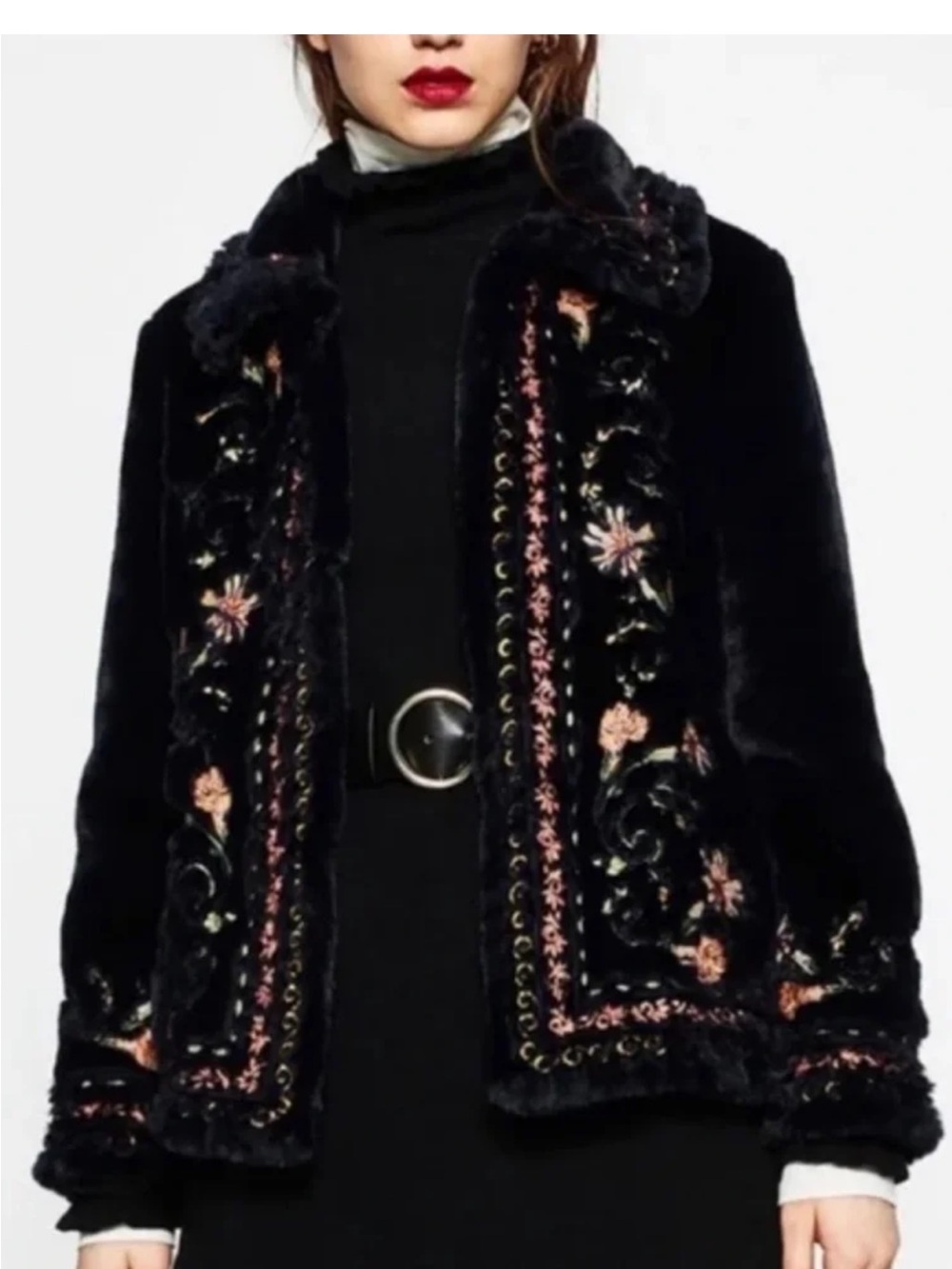Zara Navy Faux-Fur Teddy Jacket with Floral Embroidery